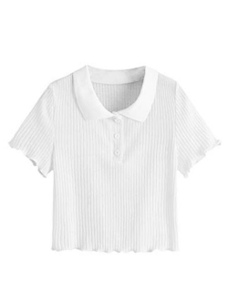 Women's Collar Half Button Short Sleeve Striped Crop Top T-Shirts