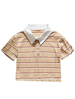 Women's Collar Half Button Short Sleeve Striped Crop Top T-Shirts