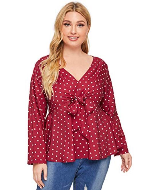 Romwe Womens Plus Size Polka Dots Knot Front Deep V Neck Short Sleeve Blouse Tops 