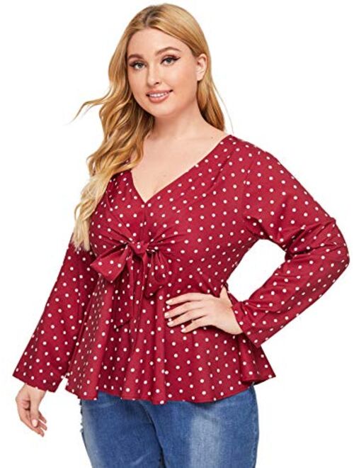 Romwe Womens Plus Size Polka Dots Knot Front Deep V Neck Short Sleeve Blouse Tops