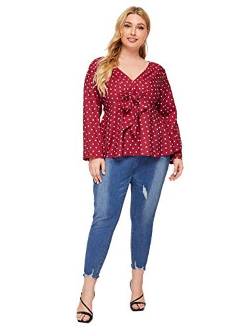 Romwe Womens Plus Size Polka Dots Knot Front Deep V Neck Short Sleeve Blouse Tops