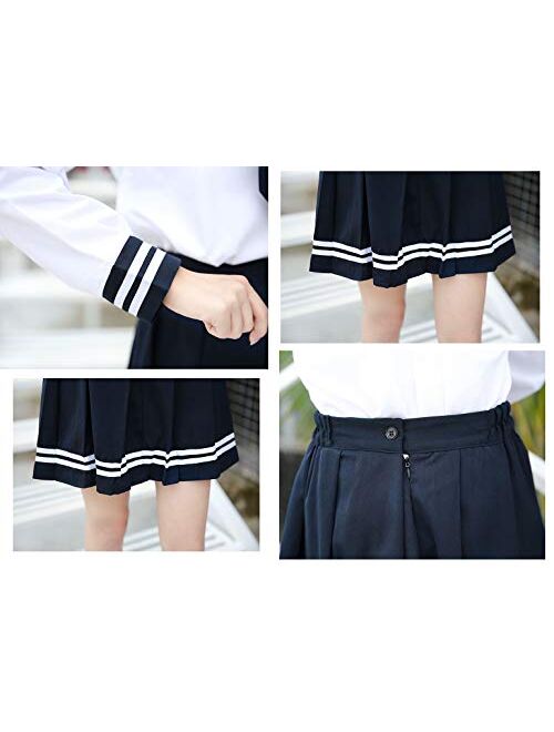 Japanese School Girls Uniform Sailor Navy Blue Pleated Skirt Anime Cosplay Costumes with Socks Set(SSF13)