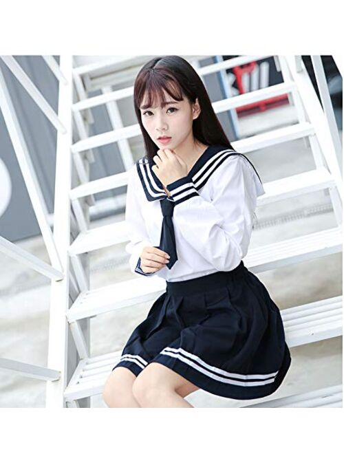 Japanese School Girls Uniform Sailor Navy Blue Pleated Skirt Anime Cosplay Costumes with Socks Set(SSF13)