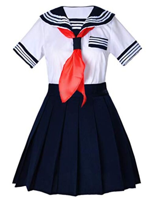 Japanese School Girls Short Sleeve Uniform Sailor Navy Blue Pleated Skirt Anime Cosplay Costumes with Socks Set