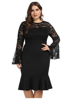 Hanna Nikole Womens Bell Sleeves Lace Top Plus Size Cocktail Party Mermaid Dress
