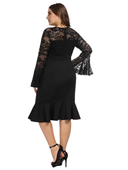 Hanna Nikole Womens Bell Sleeves Lace Top Plus Size Cocktail Party Mermaid Dress