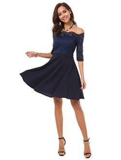 Atnlewhi Womens Vintage Lace Off Shoulder Puffy Swing Dresses Sexy Mini Dress for Party Cocktail