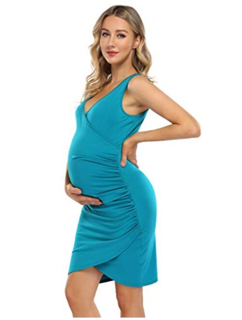 Coolmee Womens Maternity Dresses Casual Ruched Short Sleeve Irregular Bodycon Mini Dress for Women 