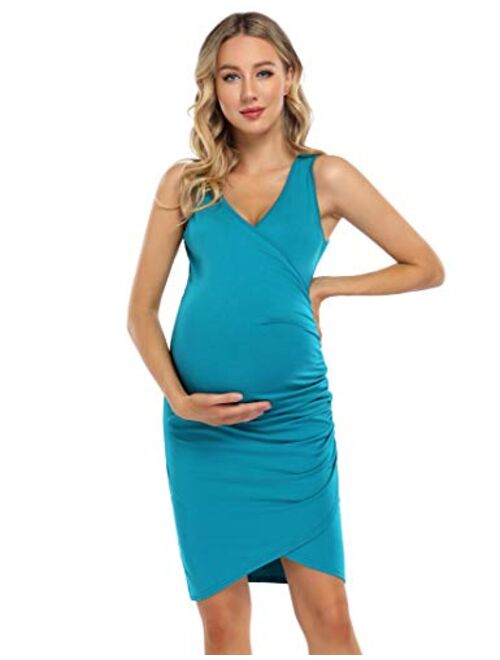 Coolmee Womens Maternity Dresses Casual Ruched Short Sleeve Irregular Bodycon Mini Dress for Women