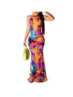 Women's Sleeveless Halter Neck Hollow Out Vintage Floral Print Party Beach Evening Long Maxi Dress