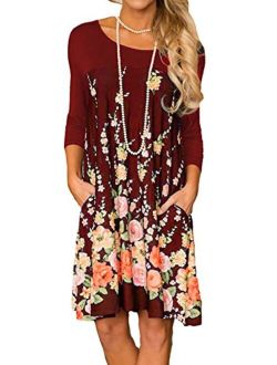 Alelly Women's Floral Print Crew Neck T-Shirt Dresses with Pockets