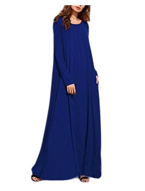 Kidsform Women's Maxi Dress Long Sleeve Loose Plain Kaftan Party Casual Long Dresses with Pockets