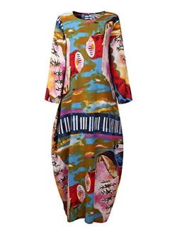 AUDATE Women's Plus Size Loose Cotton Linen Long Kaftan Dress with Pockets