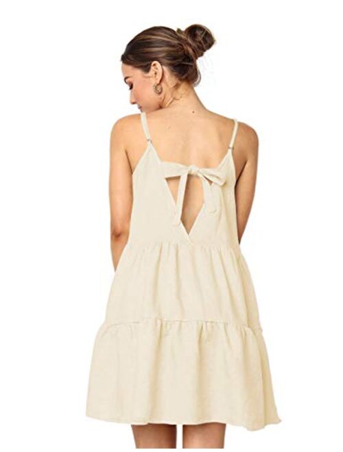 LOMON Spaghetti Strap Dress for Women Pleated Swing Dress Backless Casual Mini Dress