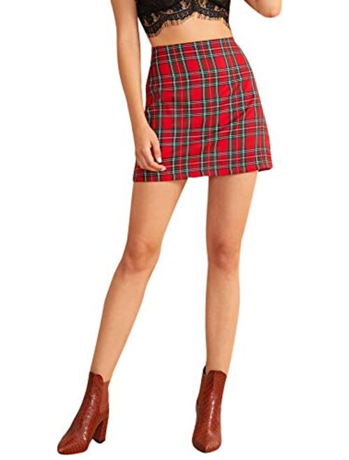 MakeMeChic Women's Plaid Skirt Zipper Back High Waist A-Line Mini Skirt