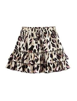 Women's Leopard Print Drawstring Waist Layer Ruffle Hem Short Skirt