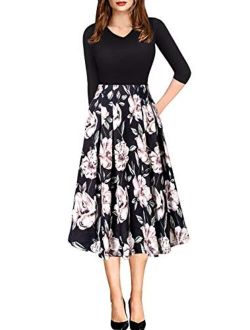 Women Vintage Casual Swing 3/4 Sleeve Patchwork Floral Midi Dress with Pockets for Work