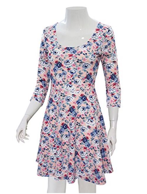 TAM WARE Women Elegant Floral Print 3/4 Sleeve Scoop Neck Flare Dress