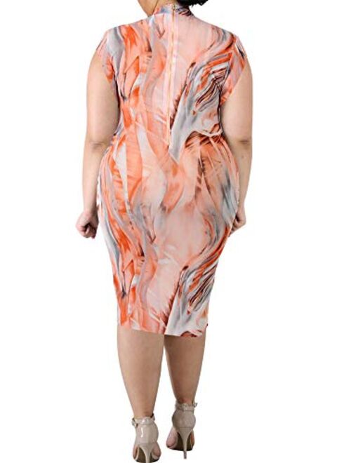 Plus Size Dress - Sexy Stretchy Plus Size Bodycon Dresses Long Sleeve Floral African Mock Neck Party Casual Midi Dress 1X-4X