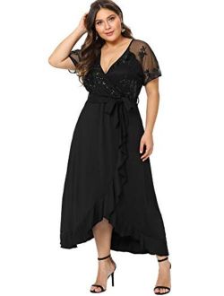 Plus Size Empire Waist Maxi Dress Ruffle Split Semi Sheer Solid Dresses