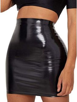 Eliacher Women's Shiny Liquid Metallic Wet Look Flared Bodycon Pencil Skirts Sexy Short PU Skirts