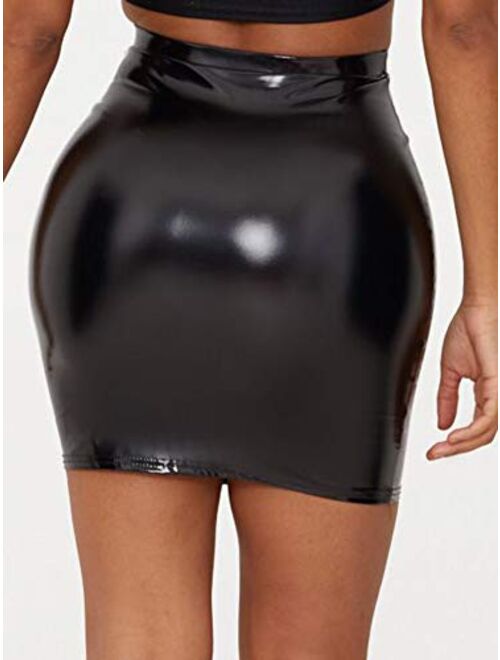 Eliacher Women's Shiny Liquid Metallic Wet Look Flared Bodycon Pencil Skirts Sexy Short PU Skirts