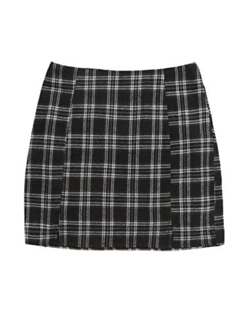 WDIRARA Women's Basic High Waist Bodycon Mini Plaid Uniform Skirt