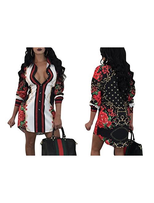 Women's Sexy Floral Print Simple Button Down Short Sleeve Collar Loose T-Shirt Blouse Tops Mini Dress