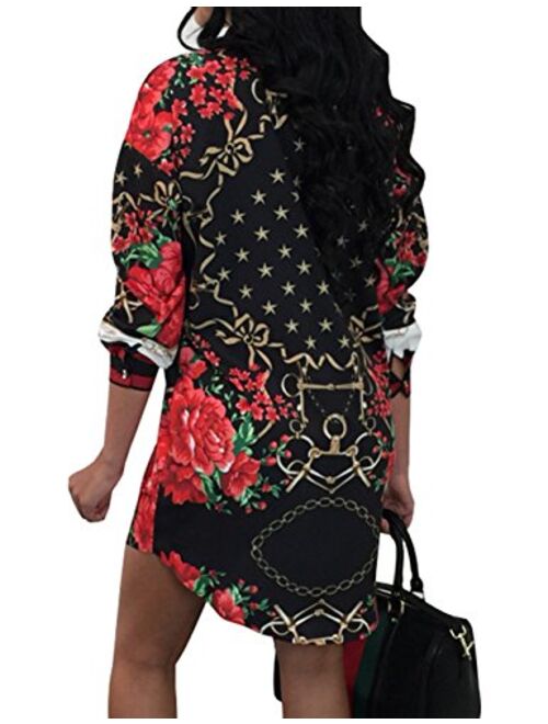 Women's Sexy Floral Print Simple Button Down Short Sleeve Collar Loose T-Shirt Blouse Tops Mini Dress