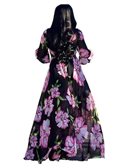 lvenzse Womens Maxi Dress Boho Chiffon Floral Printed Long Party Dresses Plus Size with Belt (FBA)