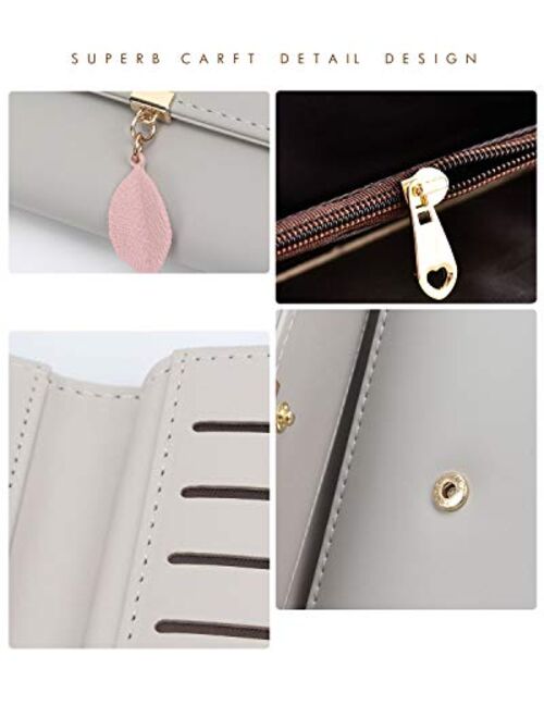 Wallets for Women with Multiple Card Slots, Long Womens Walllet PU Leather with Leaf Pendant Card Holders Phone Zipper Pocket Coin Purse