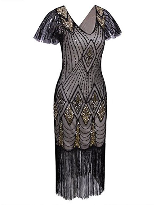 VIJIV Women's 1920s Gatsby Inspired Sequin Beads Long Fringe Flapper Dress with Sleeves