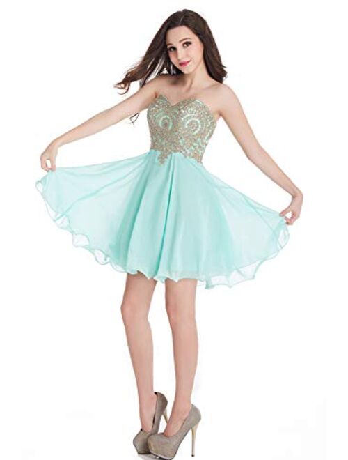 Babyonline Junior's Gold Lace Applique Short Embellished Quinceanera Homecoming Dresses