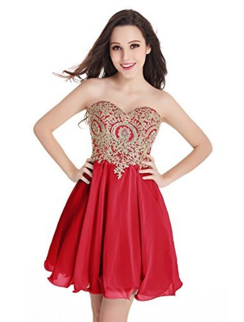 Babyonline Junior's Gold Lace Applique Short Embellished Quinceanera Homecoming Dresses