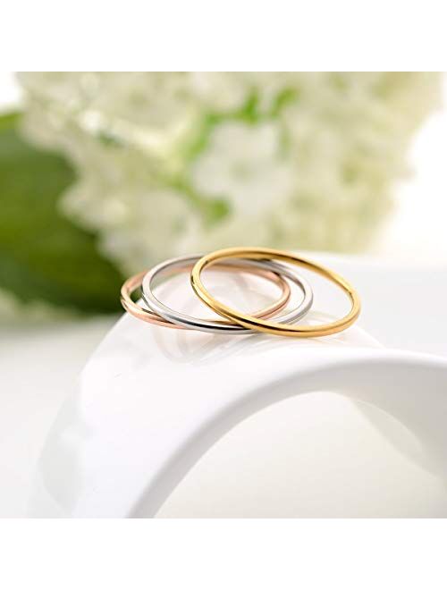 LOYALLOOK 3pcs 1mm Stainless Steel Women's Plain Band Knuckle Stacking Midi Rings Comfort Fit Silver/Gold/Rose Tone