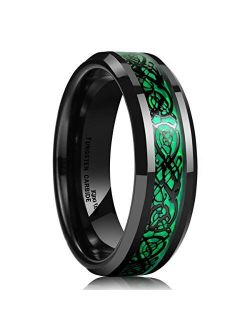 King Will Dragon Men's 5mm/8mm Green Carbon Fiber Black Celtic Dragon Tungsten Carbide Ring