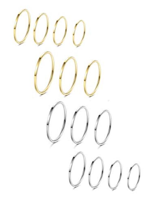 LOYALLOOK 8-14Pcs 1mm Stainless Steel Women's Plain Band Knuckle Stacking Midi Rings Comfort Fit Silver/Gold/Rose Tone