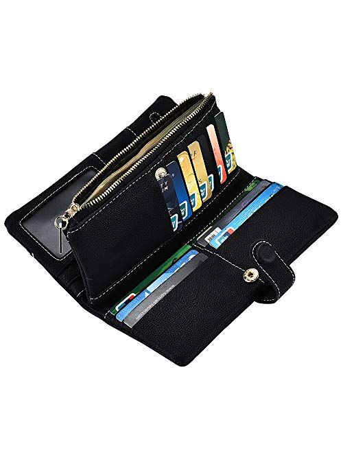 Women Vegan Leather Wallet Bifold Clutch Large Capacity Card Organizer Buckle Long Purse for Girls Candy Color
