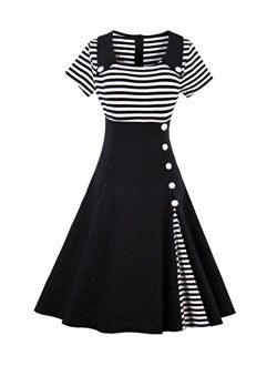Wellwits Women's Vintage Pin Up A Line Stripes Sailor Dress