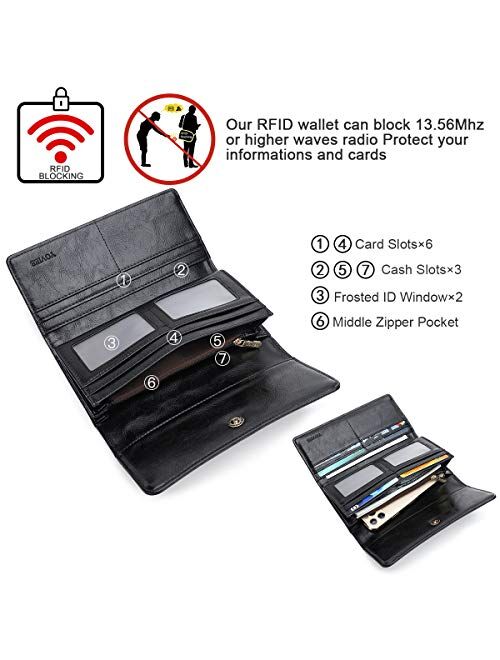 APHISON Ladies Soft Leather RFID Long Wallet Trifold Clutch Purse Credit Card Holder Case for Women With Gift Box