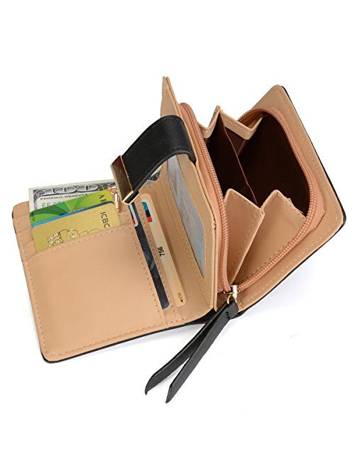 Women's Short Purse Leather Medium Wallet Leaf Bifold Card Coin Holder Small Purses Buckle Zipper Clutch-by Vodiu