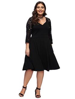 FeelinGirl Women's V-Neck Stitching Lace Plus Size Dress XL-4XL
