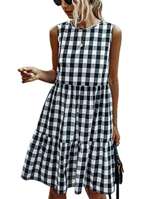 ECOWISH Women Dresses Plaid Sleeveless Summer Casual Sundress A Line Loose Swing T Shirt Mini Dress with Pockets