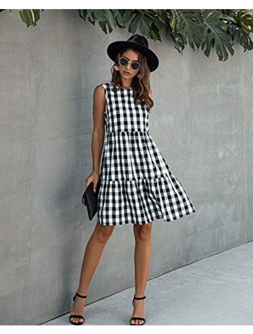 ECOWISH Women Dresses Plaid Sleeveless Summer Casual Sundress A Line Loose Swing T Shirt Mini Dress with Pockets