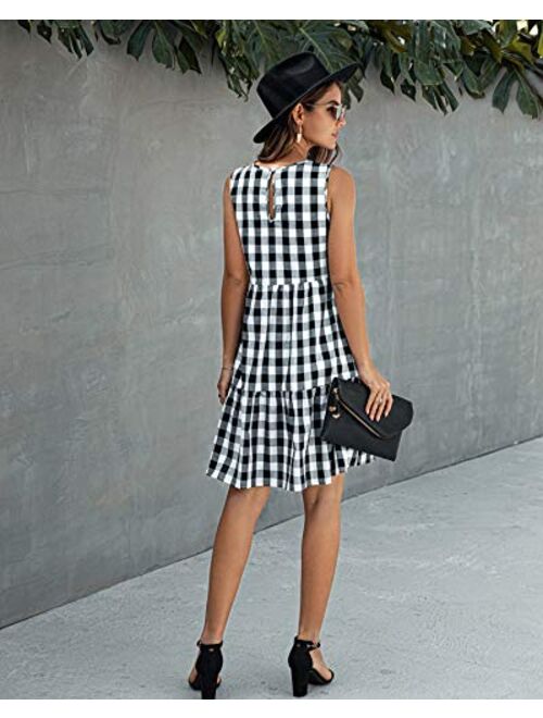 ECOWISH Women Dresses Plaid Sleeveless Summer Casual Sundress A Line Loose Swing T Shirt Mini Dress with Pockets