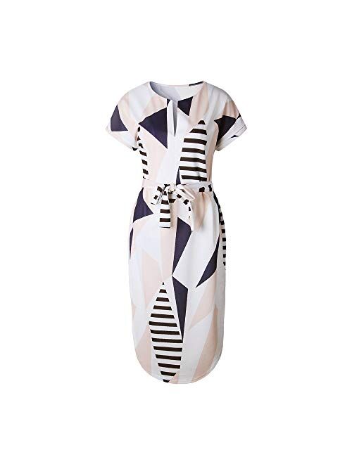 LitBud Womens Midi Dresses Summer V-Neck Short Sleeve Casual Office Geometric Belted Dress