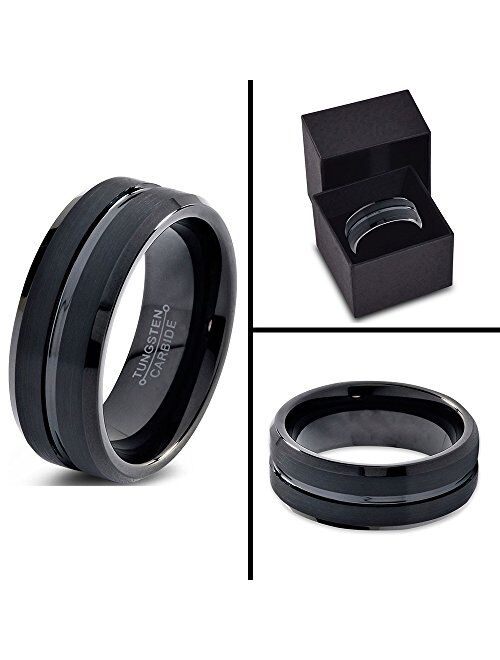 Charming Jewelers Tungsten Wedding Band Ring 8mm Men Women Comfort Fit Grey Black 18K Yellow Gold Plated Bevel Edge Brushed Polished
