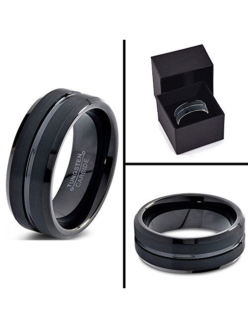 Charming Jewelers Tungsten Wedding Band Ring 8mm Men Women Comfort Fit Grey Black 18K Yellow Gold Plated Bevel Edge Brushed Polished