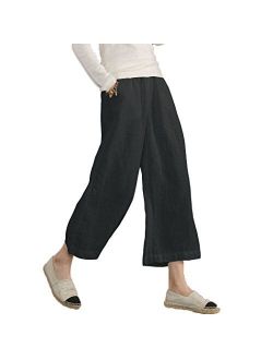 Ecupper Womens Casual Loose Elastic Waist Cotton Trouser Cropped Wide Leg Pants