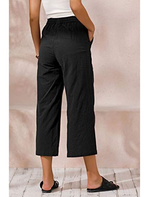 Ecupper Womens Casual Loose Elastic Waist Cotton Trouser Cropped Wide Leg Pants 